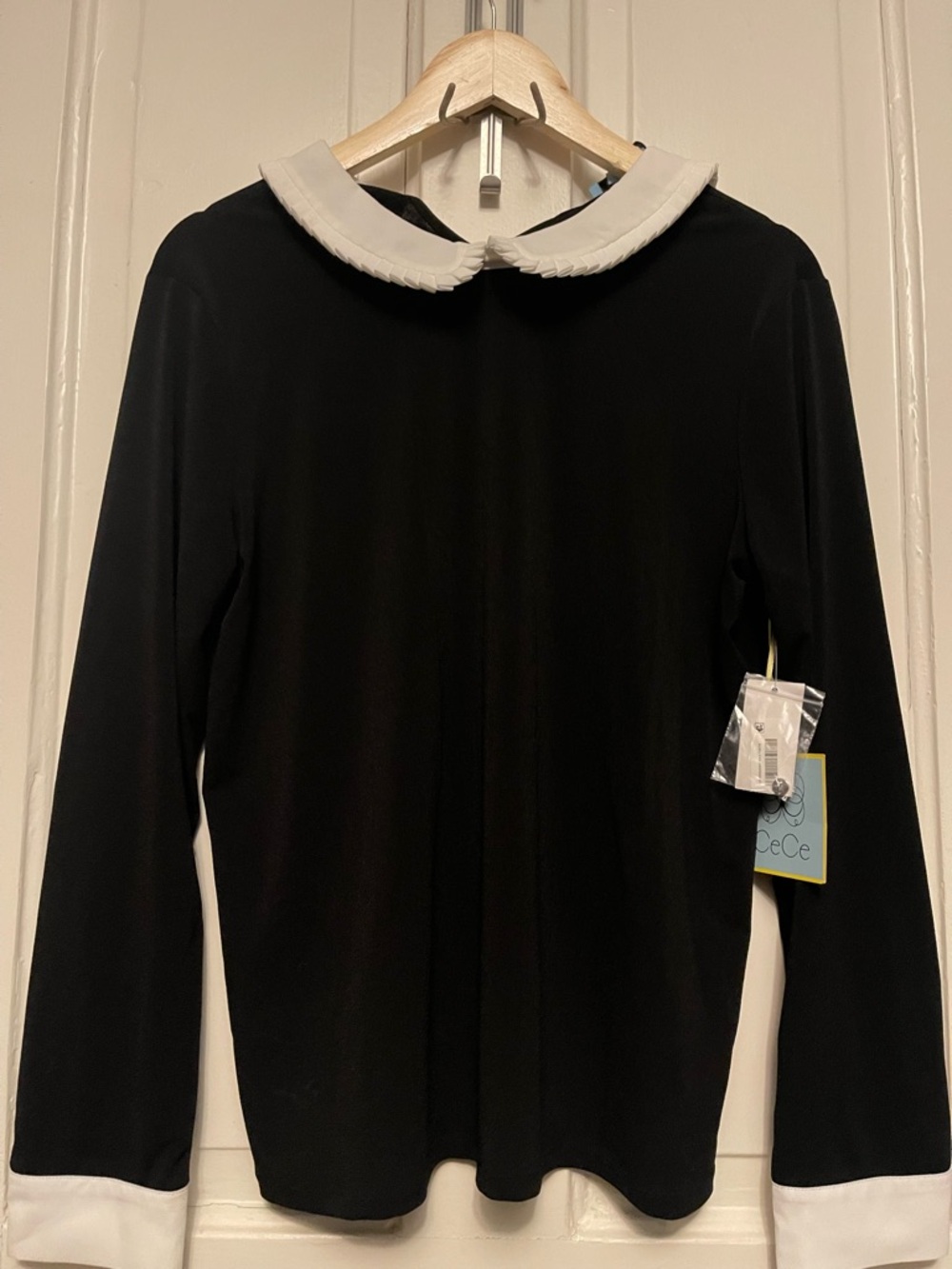 NWT CeCe Peter Pan Collar Black Long Sleeve Top with White Cuff Detail